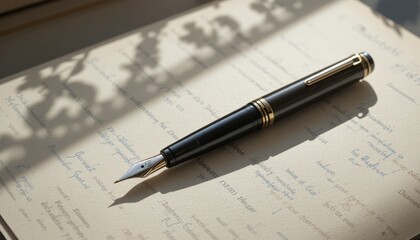 An elegant fountain pen rests on old paper in natural light