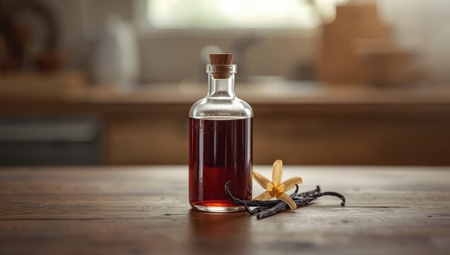 Closeup of vanilla extract on table, a natural flavoring for desserts, Food Preparation and Ingredients