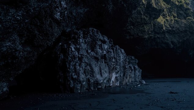 Detailed view of volcanic basalt rocks within a cave on a black sand shoreline, highlighting geological features