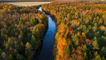 Obraz premium Aerial perspective of forest terrain with river and seasonal colors, ideal for landscape or travel-themed layouts
