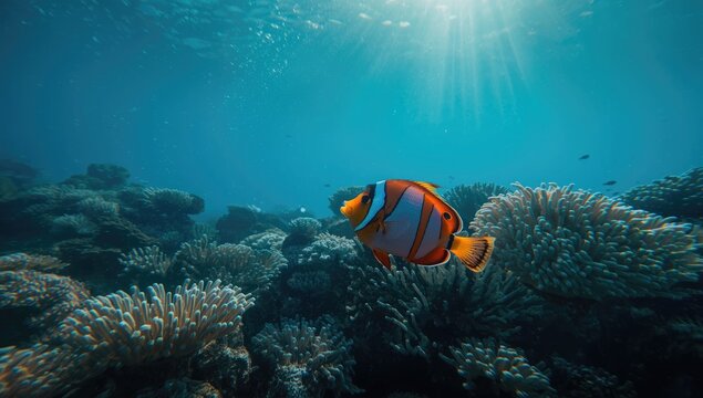Copper-banded butterflyfish, Chelmon rostratus, foraging on coral reefs, highlighting species behavior, Marine Conservation Week