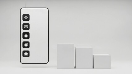 Minimalist floating smartphone display showing app icons next to white podium steps and abundant copy space