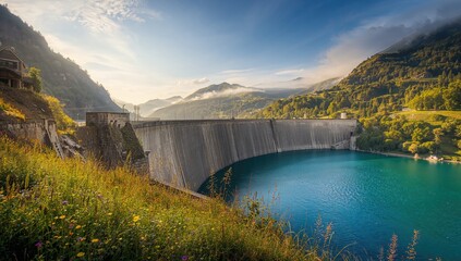 The Cormet de Roselend Dam situated amid rugged mountains, highlighting infrastructure for hydropower and seasonal water regulation