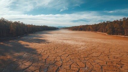 Arid lake surface with forest boundary, climate change impact, World Environment Day