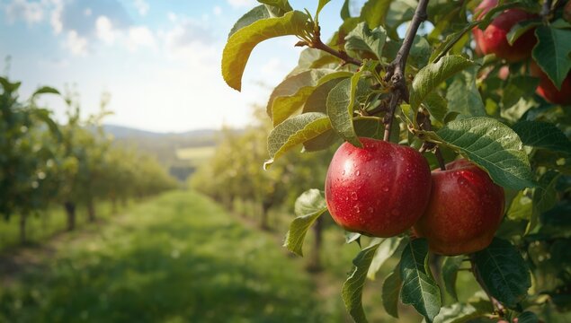 Apple trees in lush landscape, fruit production and rural farming practices