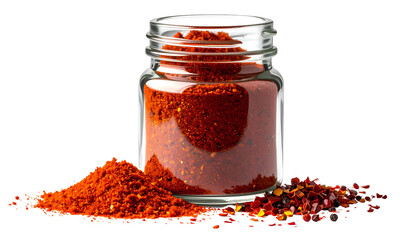 A glass jar filled with red powder, with piles of the same material around it
