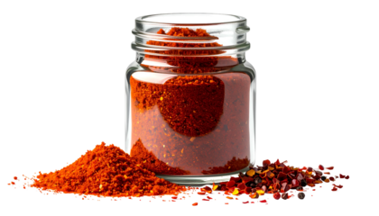 A glass jar filled with red powder, with piles of the same material around it