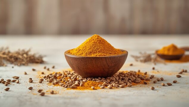 Jeera powder and cumin seeds, common spices in Indian cooking, added for aromatic flavor, International Spice Day