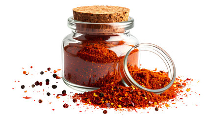 A small glass jar with a cork lid, filled with red powder, with spilled spices and peppercorns