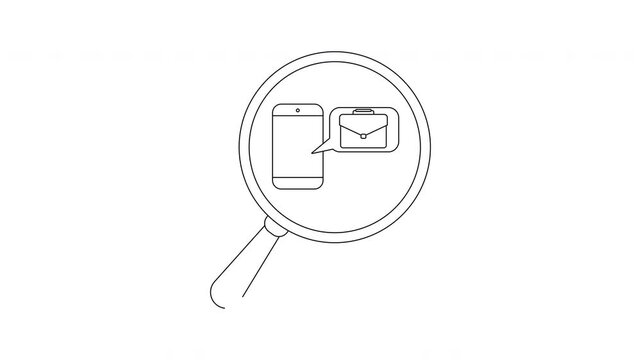 Blackandwhite line drawing of a phone briefcase in speech bubble and magnifying glass