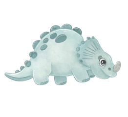 Cute Watercolor Triceratops Dinosaur Isolated on White Background © NATALIA