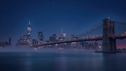 Obraz premium Nighttime view of Brooklyn Bridge with decorative lighting, cityscape background