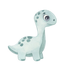 Fototapeta premium Cute Watercolor Long Neck Dinosaur Isolated on White Background