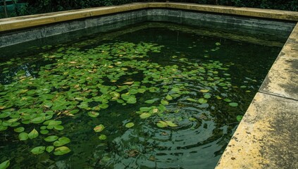 Surface of a small outdoor pool with leaves and algae, highlighting pool upkeep and sanitation