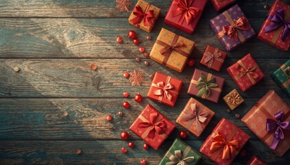 Decorative gift boxes on aged wood, ideal for holiday or special event presentations