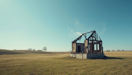 Fototapeta premium Rural house with burnt remains on cement foundation under calm blue sky, illustrating fire safety risks
