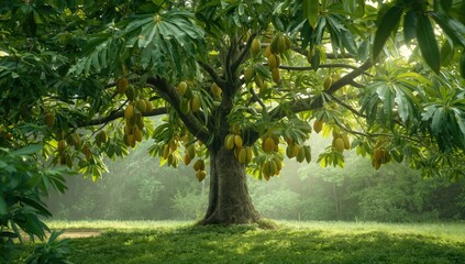 Jackfruit tree canopy in a rural landscape, providing a natural backdrop for ecological studies