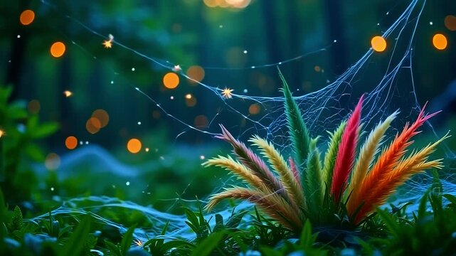 dazzling roughage burst roughage wander mesh, constitute frail web framing angstrom fleeceable background, with radiant firefly shimmering indiana angstrom whimsical, nocturnal scene
