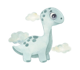 Cute watercolor illustration of a dinosaur isolated on white. Perfect for kids' designs, prints, and more.