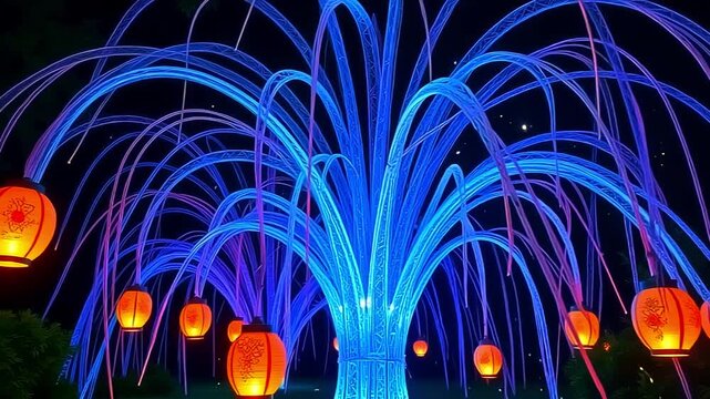 Neon strands explode fiber thread mesh, blending into radiant patterns on a green background, with glowing lanterns floating in a mystical, dreamy display at night.