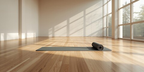 Spacious gym interior featuring big windows and wooden flooring, designed for layout or informational purposes