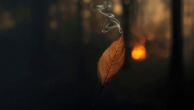 Dried laurel leaf with smoke illustrating the risk of forest fires, environmental hazard