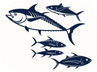 Fototapeta premium Dark blue silhouettes of four tuna fish and one large tuna skeleton on white seafood marine life