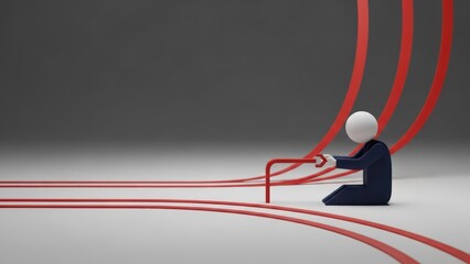 Figure with red lines guiding. Visual of a man manipulating curving lines, grey background
