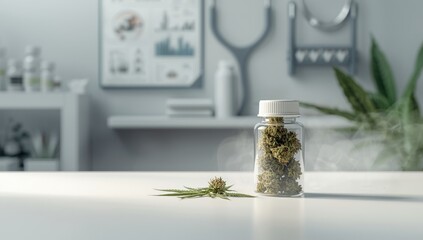 Cannabis plant and smoke emerging from pharmacy bottle, highlighting medicinal properties and safety, National Medical Cannabis Awareness Day