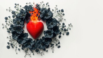 Design of a fiery heart encircled by dark flowers, ideal for editorial header backgrounds or thematic layouts, World Heart Day