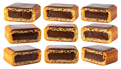 Close-up of nine chocolate-filled pastries, glazed and isolated on a transparent background