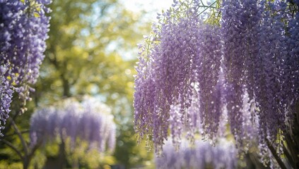 Springtime scene with purple wisteria blossoms draping over lush green trees, highlighting seasonal flowering