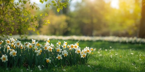 White and yellow daffodils in a meadow in spring, serving as a floral background for park scenery, Earth Day © NeuralNiche