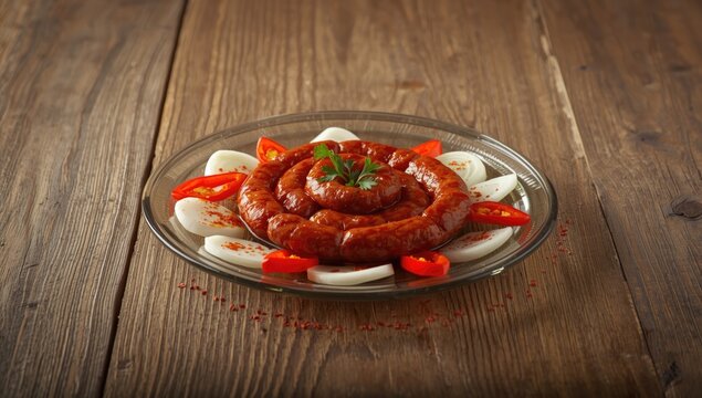 Marinated sausages with onion and red pepper arranged on a plate highlighting flavor infusion methods