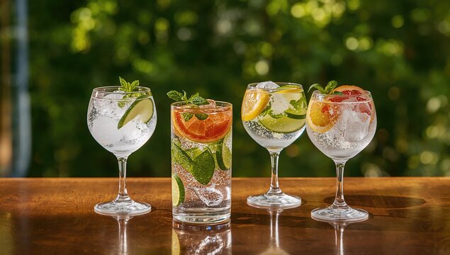 A long gin tonic with fresh fruit and herb garnishes in individual glasses, highlighting classic cocktail style, World Cocktail Day - Powered by Adobe