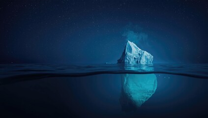 Underwater view of a drifting iceberg with starry sky overhead, highlighting oceanic glacier retreat and climate impact