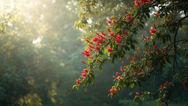 Sal flower blooming on a tree in bright sunlight, highlighting natural seasonal changes, Earth Day