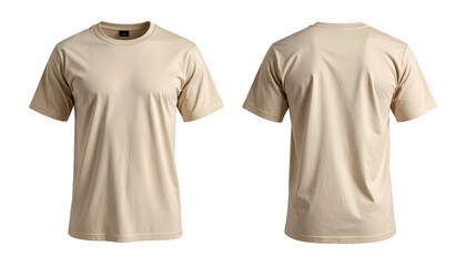 Front and back view of a plain, short-sleeved, crewneck t-shirt in a tan color