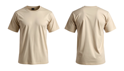 Front and back view of a plain, short-sleeved, crewneck t-shirt in a tan color