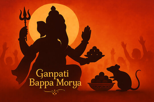 Silhouette of lord ganesha with devotees and a mouse celebrating the festival of ganpati bappa morya