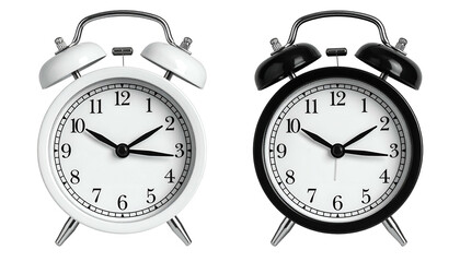 Two classic alarm clocks, one white, one black, with hands pointing near 10 past 3