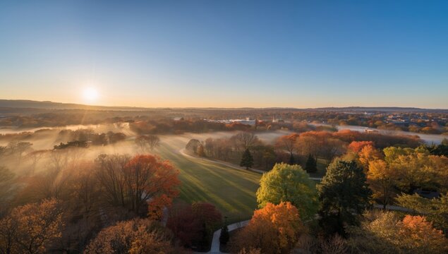 Drone shot capturing fall foliage in Princeton during sunrise, seasonal change