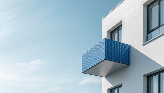 Building's blue balcony with intricate pattern railing used for aesthetic enhancement in city architecture