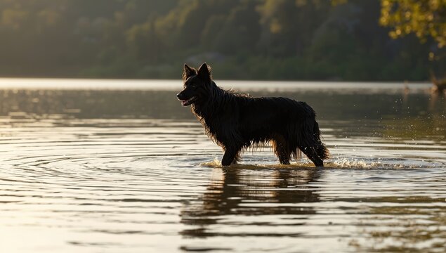 Black Harzer Fuchs Australian Shepherd mix wading through a lake, highlighting outdoor adventure and pet water safety