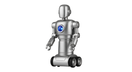 Silver Robot with Blue Glowing Eye on Black Background