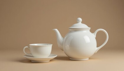Elegant white porcelain teapot and teacup set on beige background