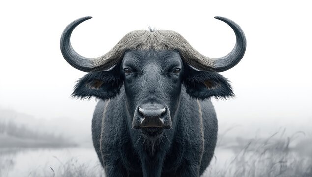 Water buffalo head illustration in ink, designed for layout backgrounds, with detailed line work