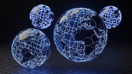 Four glowing spherical maps with wireframe continents floating in dark space