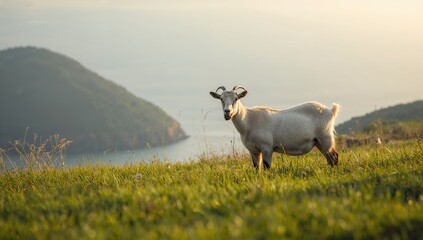 Naklejka premium Goat feeding on pasture at Cheung Chau SaiYuen, highlighting livestock care practices