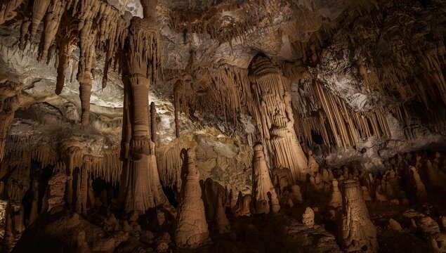 Cave interior featuring stalactites and stalagmites, mineral buildup, erosion risk